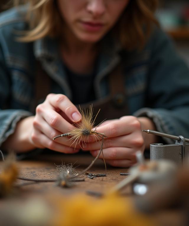 En person der omhyggeligt binder en fiskeflue